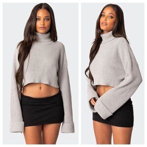 Edikted Light Grey Oversized Turtle Neck Cropped Sweater